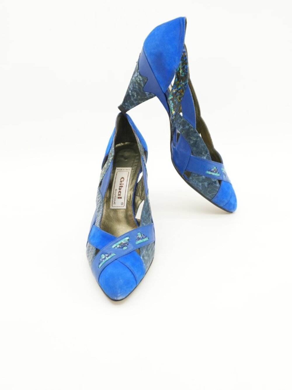 Heels Size 9 Blue Snakeskin Vintage Python Cut Out 80s Italy Pointed Toe Pumps - Picture 16 of 16